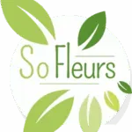 Logo vert So Fleurs entouré de feuilles végétales pour fleuriste et deuil.